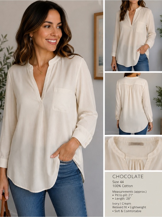 Chocolate Tops - Chocolate Women’s Ivory Cream Cotton Tunic Blouse Size 44